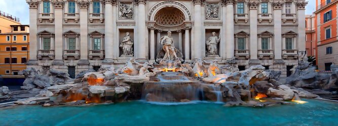 Stadt Urlaub Rom - Der Trevi-Brunnen, italienisch Fontana di Trevi, ist der populärste und mit rund 26 m Höhe und rund 50 Meter Breite größte Brunnen Roms und einer der bekanntesten Brunnen der Welt.